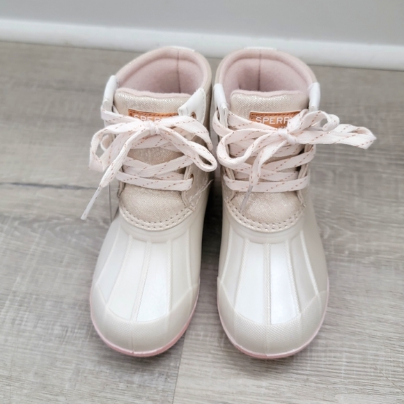 Sperry Other - NEW! SPERRY TOPSIDER TODDLER KIDS RAIN METALLIC IVORY / PINK DUCK BOOTS